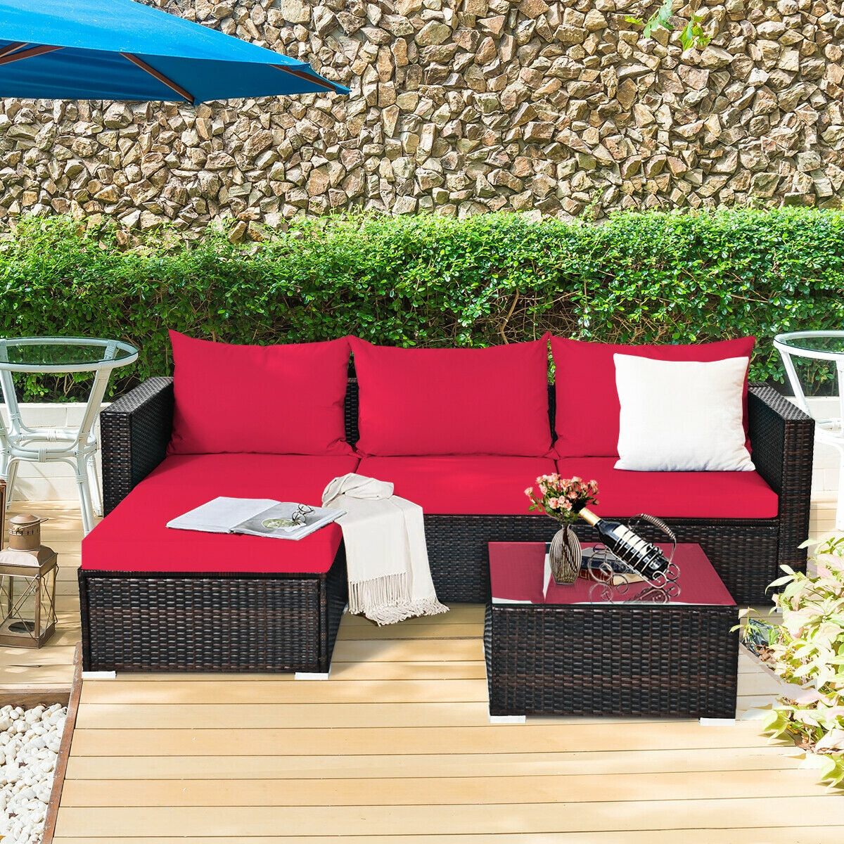 5 Pieces Patio Rattan Sectional Furniture Set with Cushions and