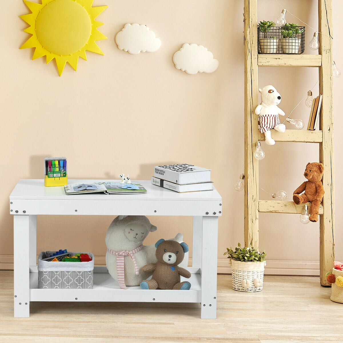 Kids Building Brick Play Table - White, Multifunctional Wooden Activity Table for Children