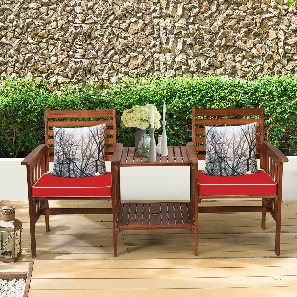 3-Piece Outdoor Loveseat Set with Coffee Table - Acacia Wood, Red