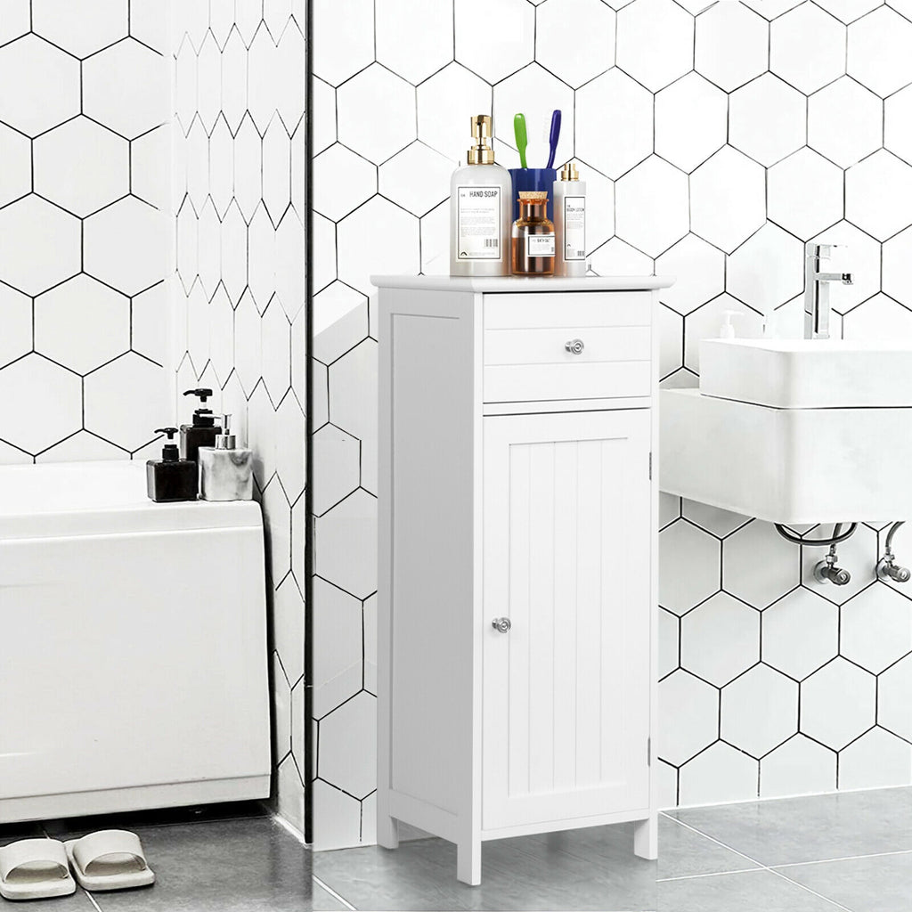 Wooden Bathroom Floor Storage Cabinet with Drawer and Adjustable Shelf