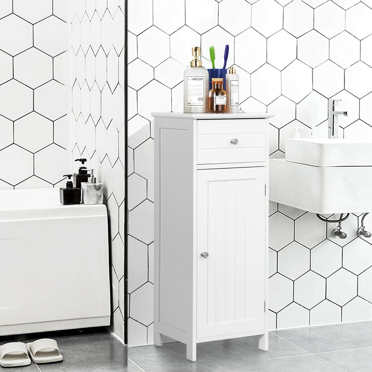 Wooden Bathroom Floor Storage Cabinet with Drawer and Adjustable Shelf