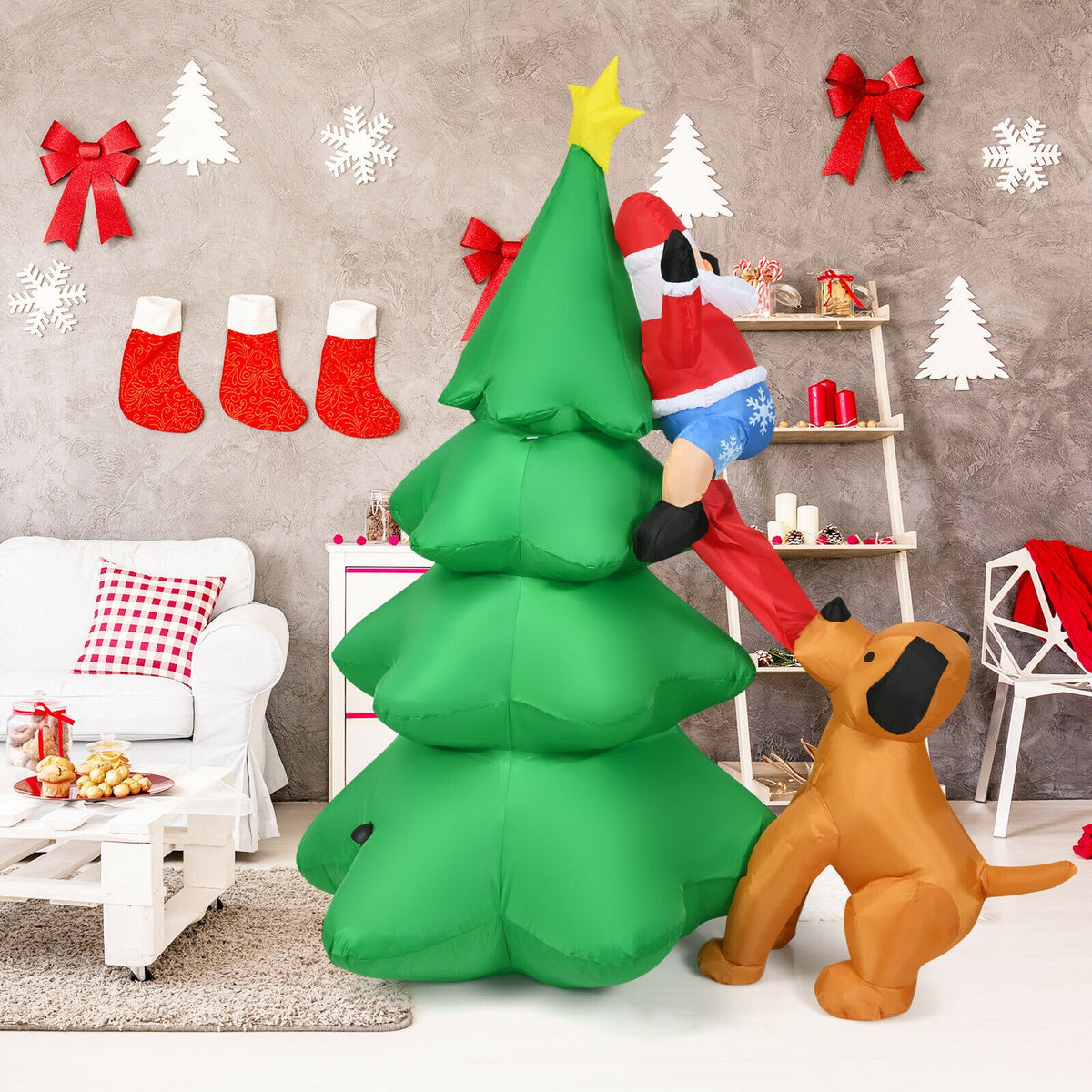 Outdoor Inflatable Christmas Tree with Santa and LED Lights - 6.5 Feet, Dog Chasing Santa Variation