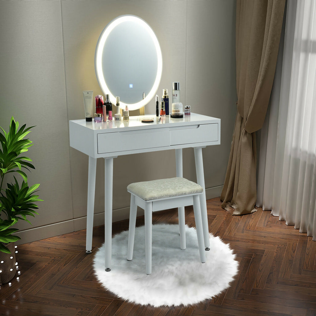 Lighted Makeup Vanity Table with Stool - White