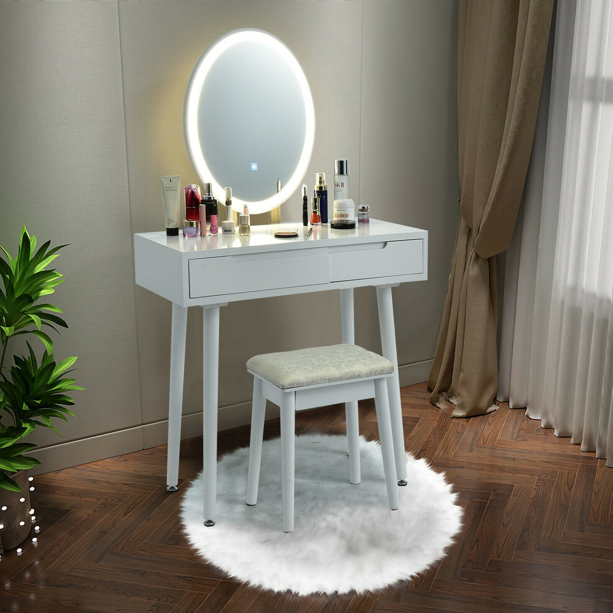 Lighted Makeup Vanity Table with Stool - White