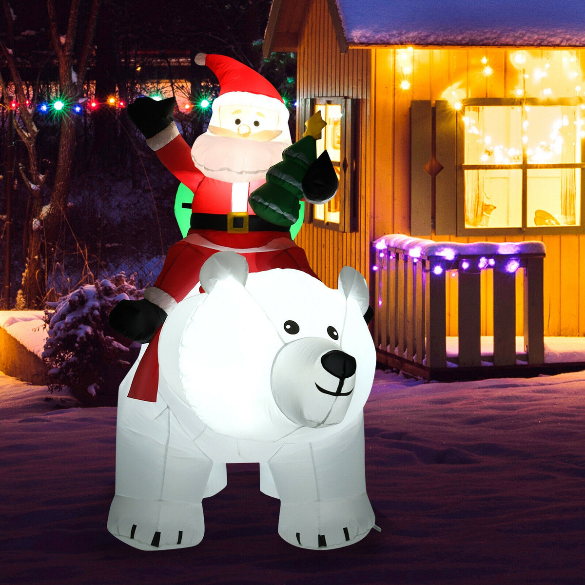 Christmas Inflatable Santa Riding Polar Bear with Shaking Head & LED Lights - 6.5 Feet - Variation: Santa Claus Riding White Bear