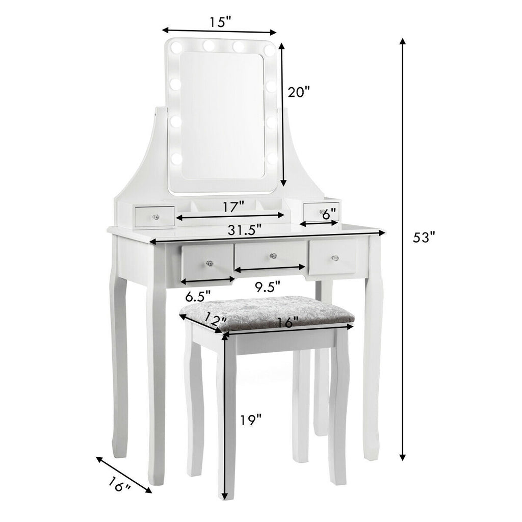 Vanity Dressing Table Set with 10 Dimmable Bulbs and Stool, White