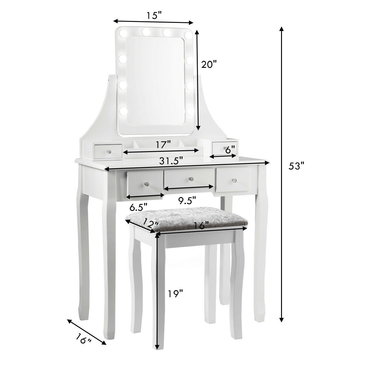 Vanity Dressing Table Set with 10 Dimmable Bulbs and Stool, White