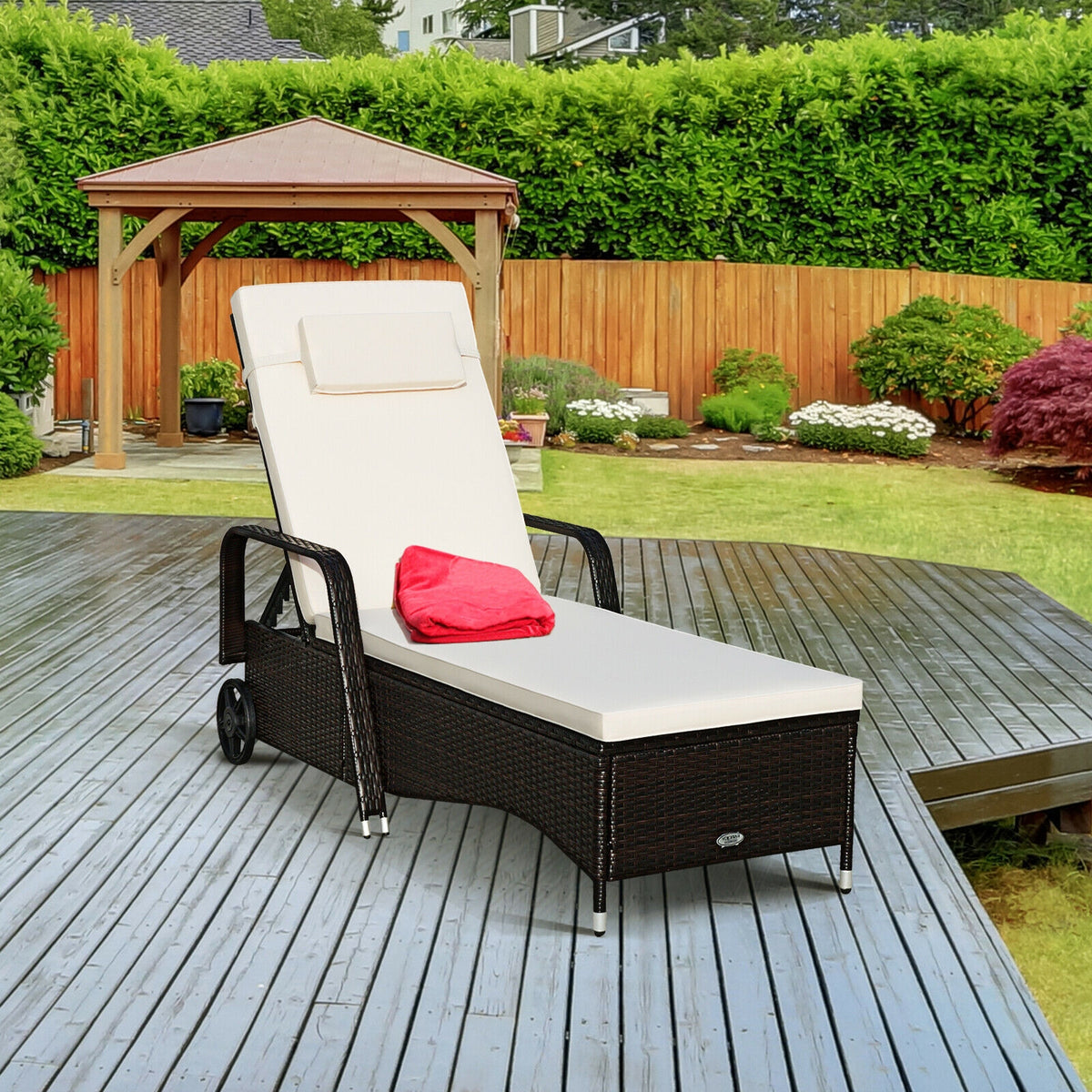 Patio Wicker Chaise Lounge Chair with Wheels - White