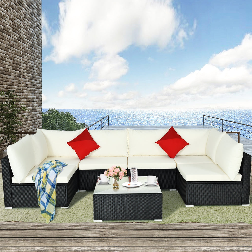 7-Piece Sectional Wicker Sofa Set with Coffee Table – Black Rattan, Beige