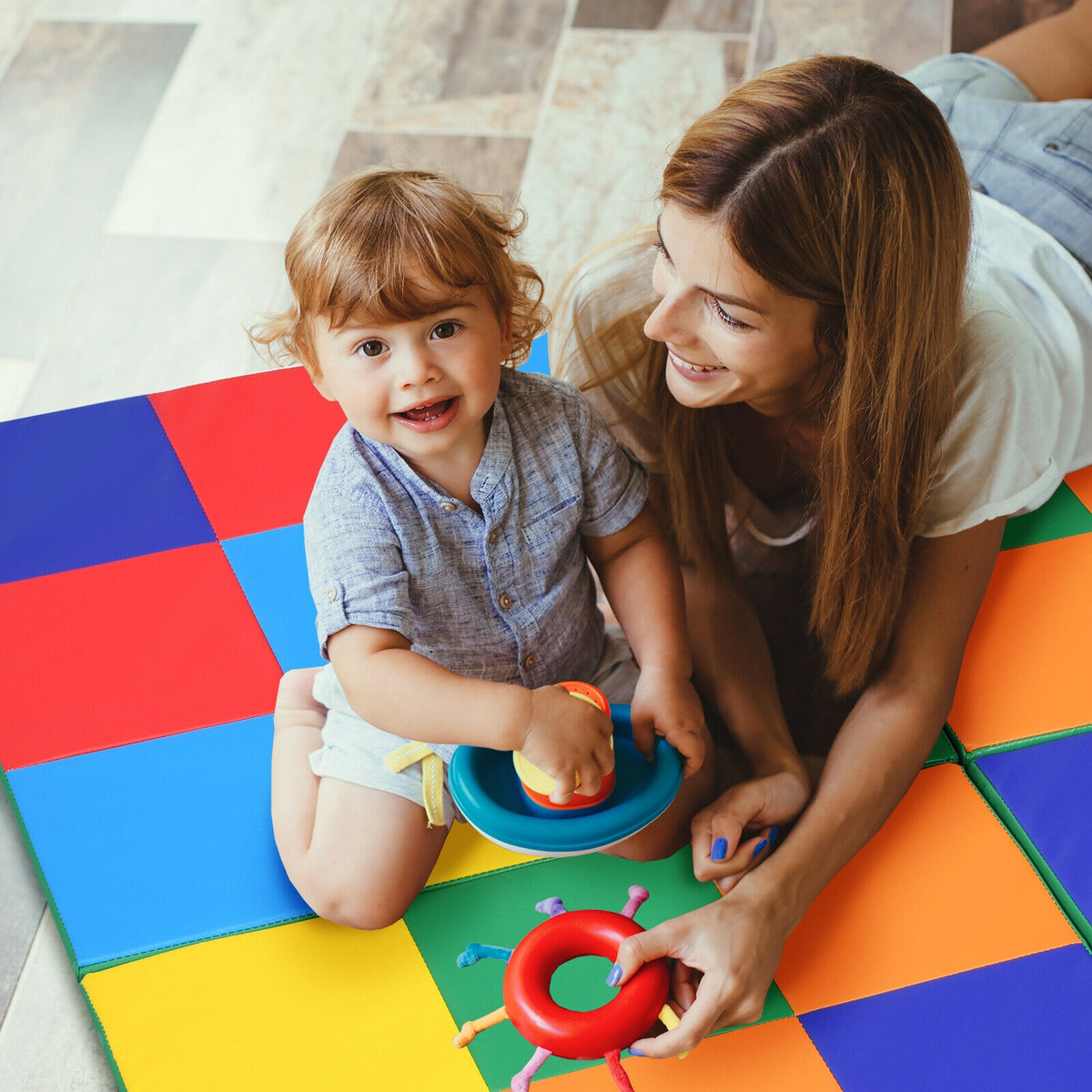 58 Inch Toddler Folding Play Mat - Multicolor Foam Baby Activity Floor Mat