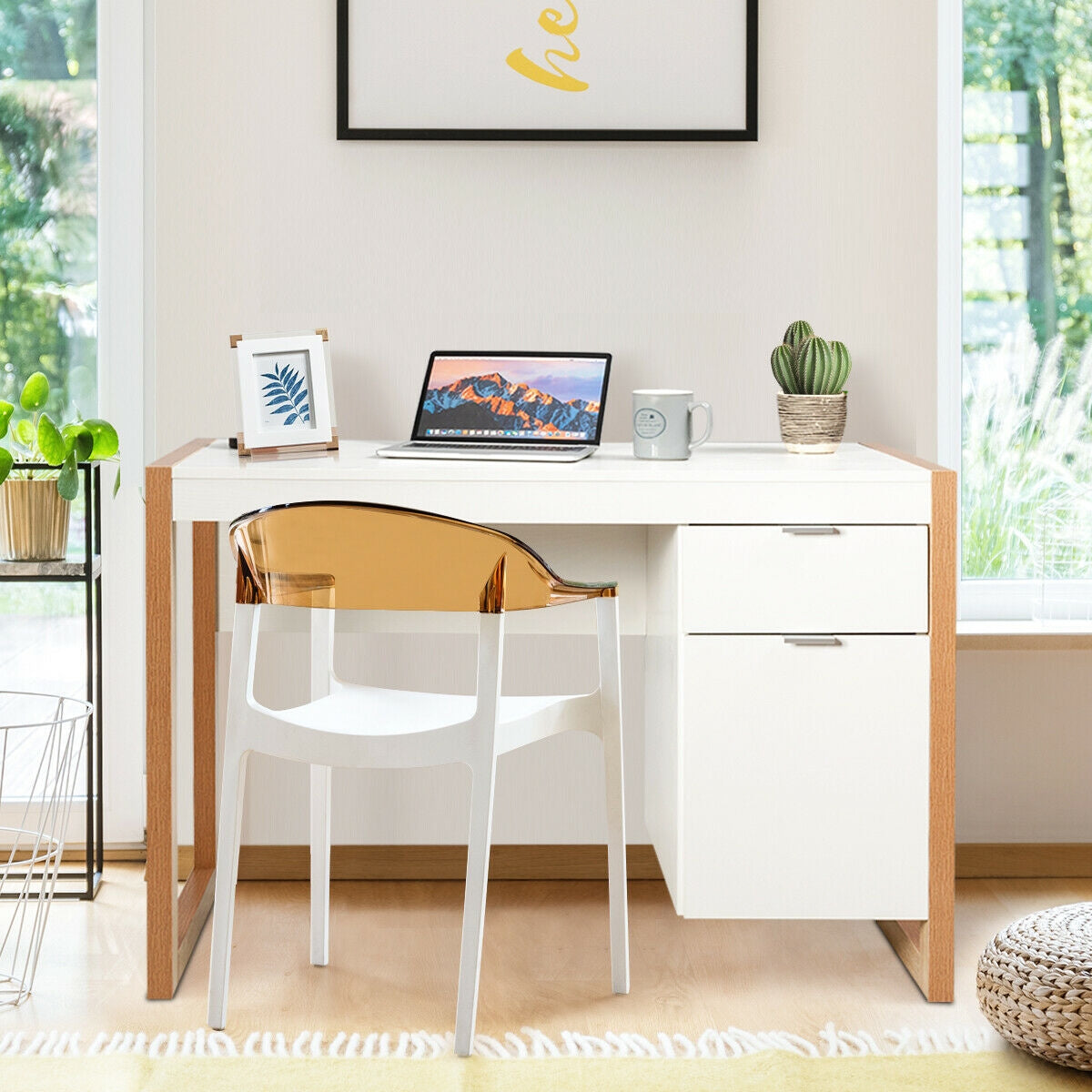 Modern Computer Desk with Storage Cabinet Drawer - White