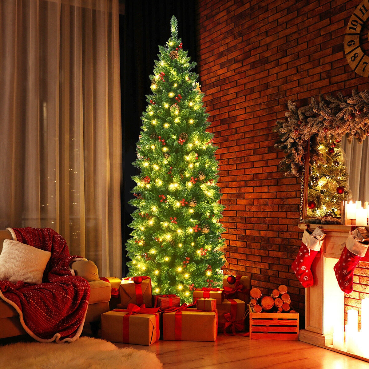 Pre-lit Artificial Christmas Tree 6.5Ft Slim Hinged Pencil Tree with Lights & Decorations