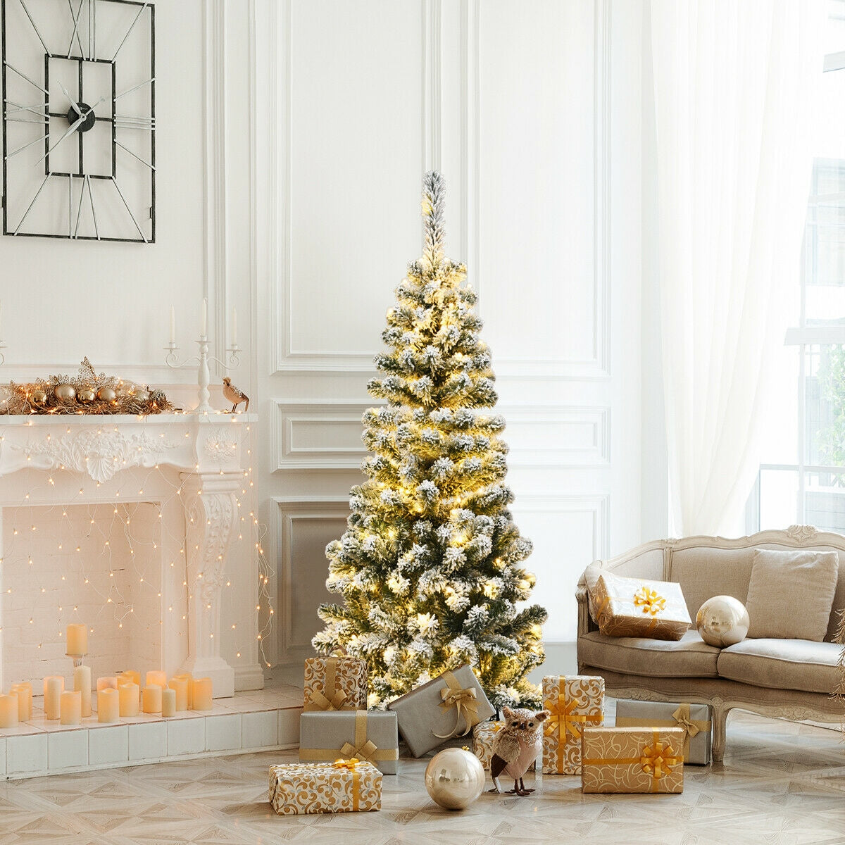 Pre-Lit Snow Flocked Pencil Christmas Tree with 150 LED Lights - 4.5 Feet