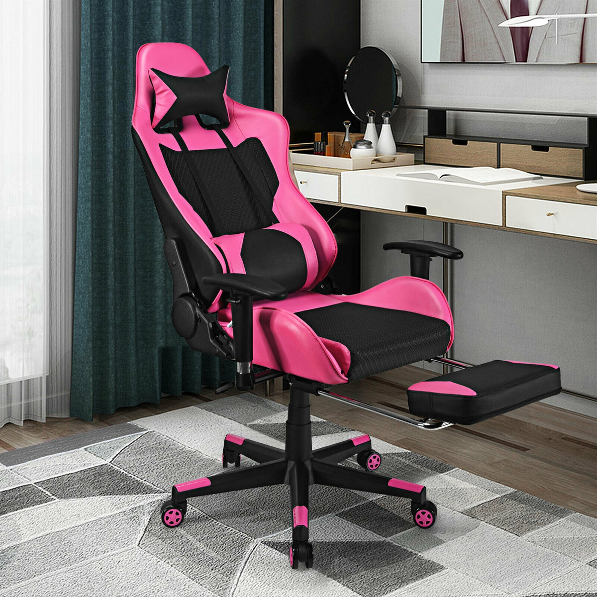 PU Leather Gaming Chair with USB Massage Lumbar Pillow, Footrest – Type-C, Pink