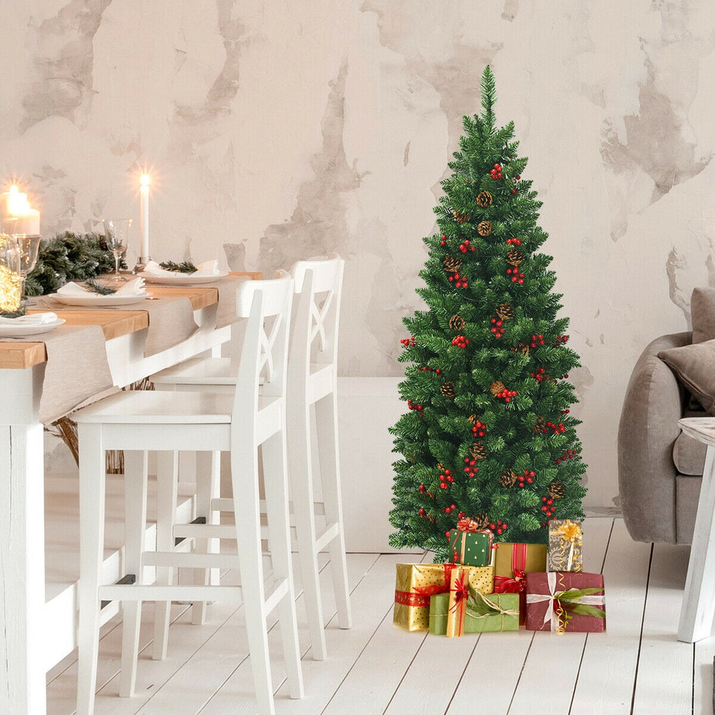 Pre-lit Hinged Pencil Christmas Tree with Pine Cones & Red Berries - 4.5 Feet