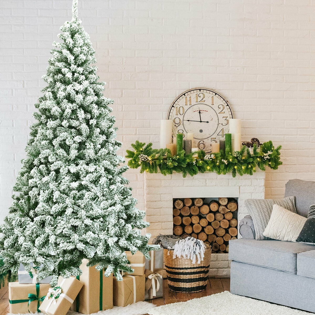 7.5 Feet Artificial Christmas Tree with Snow Flock, Hinged Design & Foldable Base