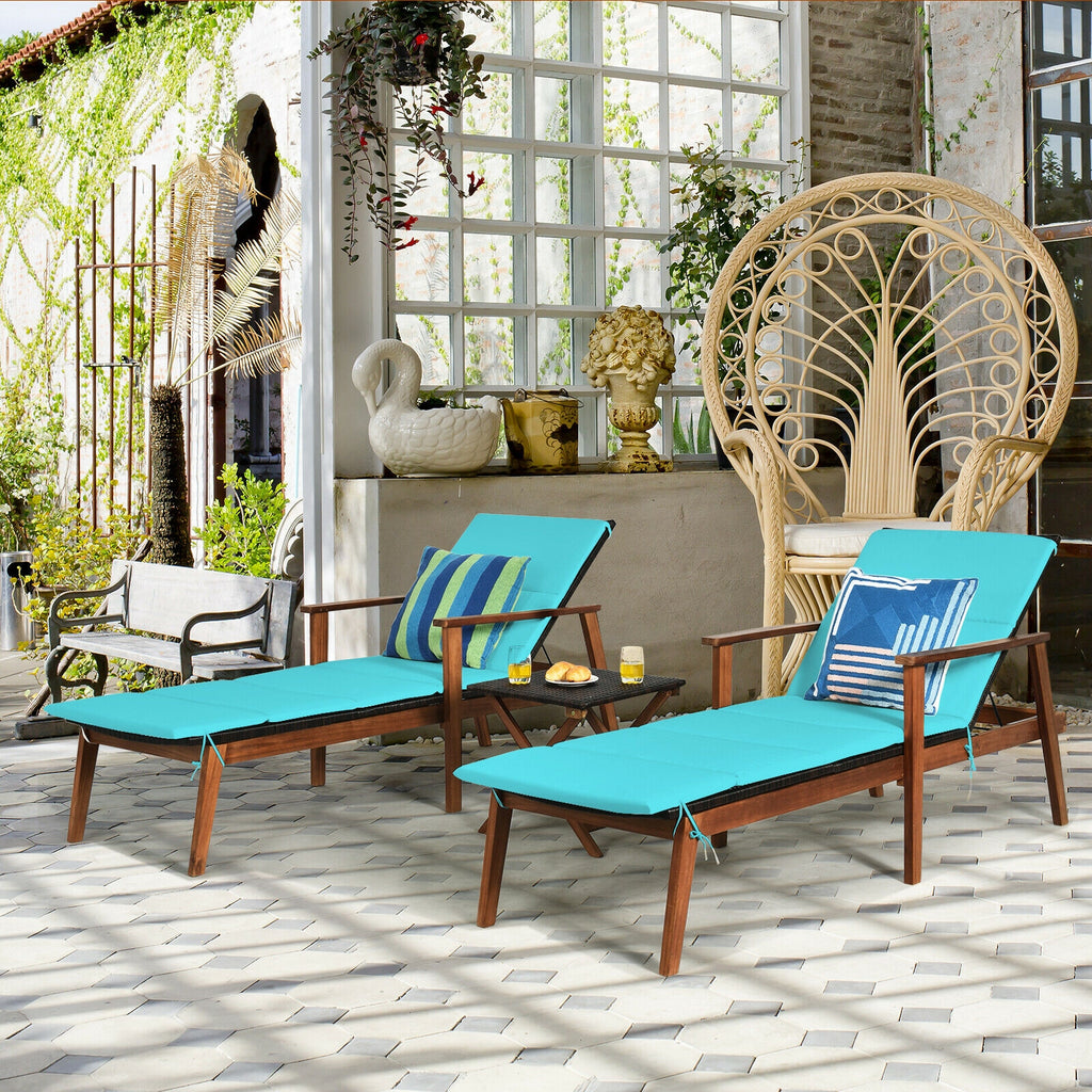 3 Pieces Portable Patio Cushioned Rattan Lounge Chair Set with