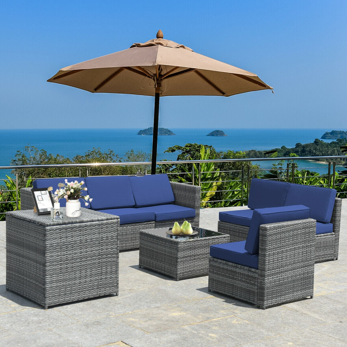 8 Pieces Wicker Sofa Rattan Dining Set Patio Furniture with Storage