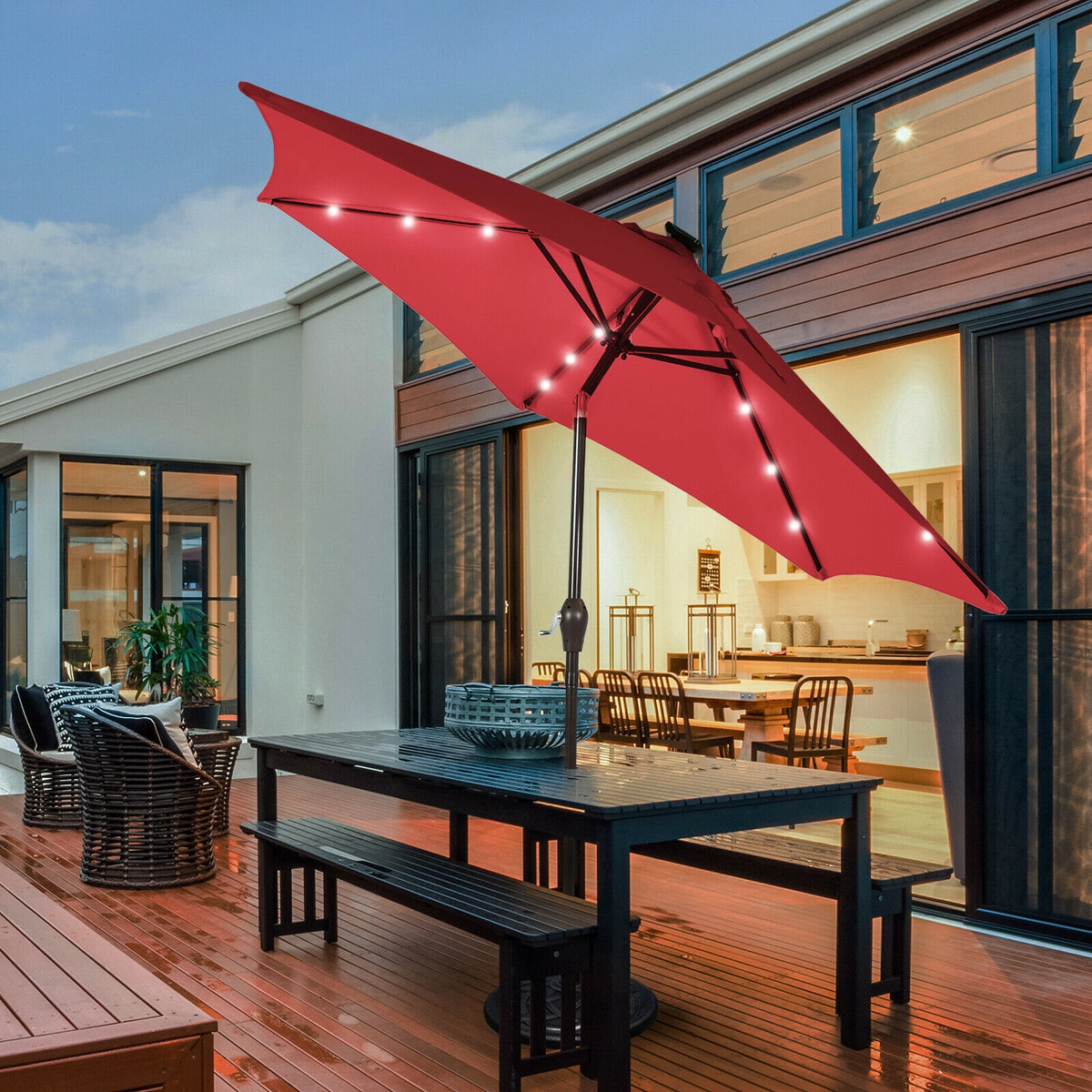 9 Feet Solar LED Lighted Patio Market Umbrella with Tilt Adjustment