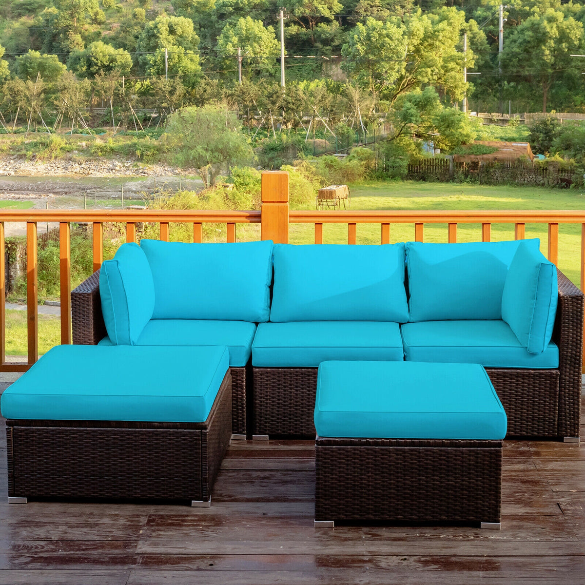 5-Piece Patio Sectional Sofa Set with Ottoman & Cushions - Blue