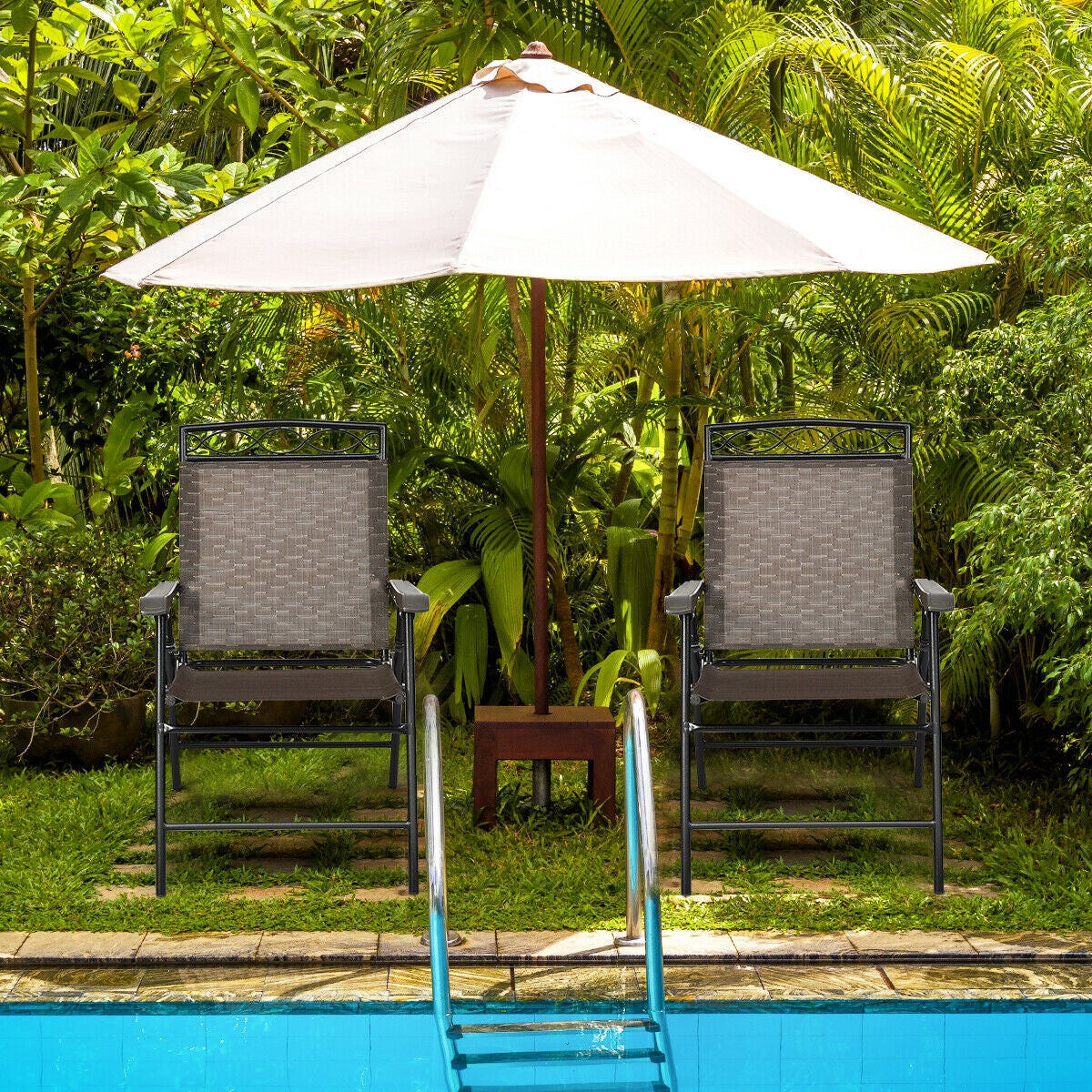Set of 2 Patio Folding Chairs Sling Portable Dining Chair with Armrest