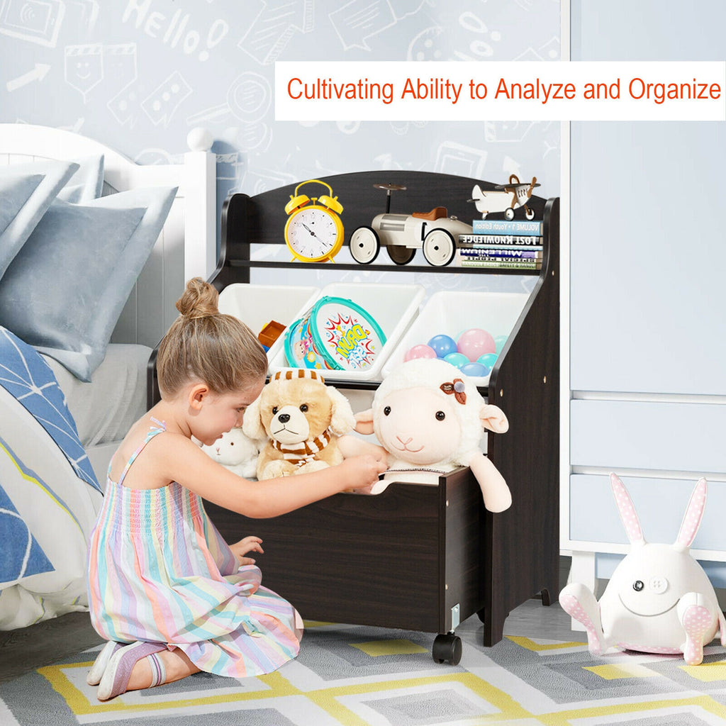 Kids Toy Storage Organizer with Rolling Toy Box and Plastic Bins - Dark Brown
