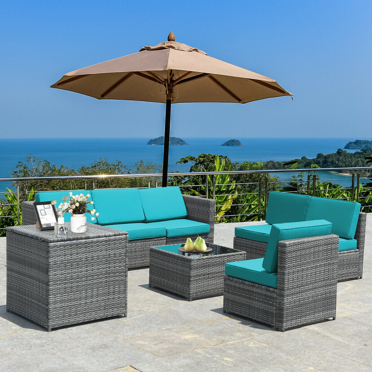 8-Piece Rattan Sofa Set with Storage Table - Gray & Turquoise