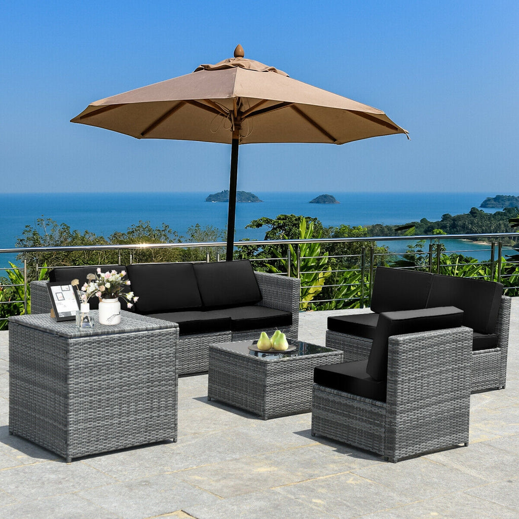 8-Piece Rattan Sofa Set with Storage Table - Gray Rattan, Black
