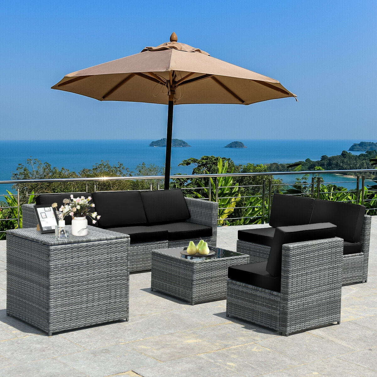 8-Piece Rattan Sofa Set with Storage Table - Gray Rattan, Black