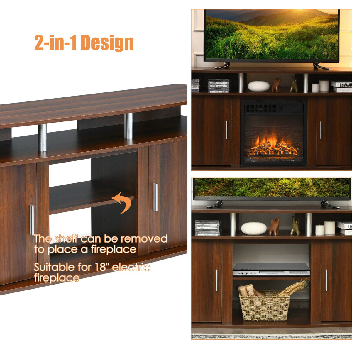 TV Entertainment Console for 70" TV - Fireplace Compatible, Walnut