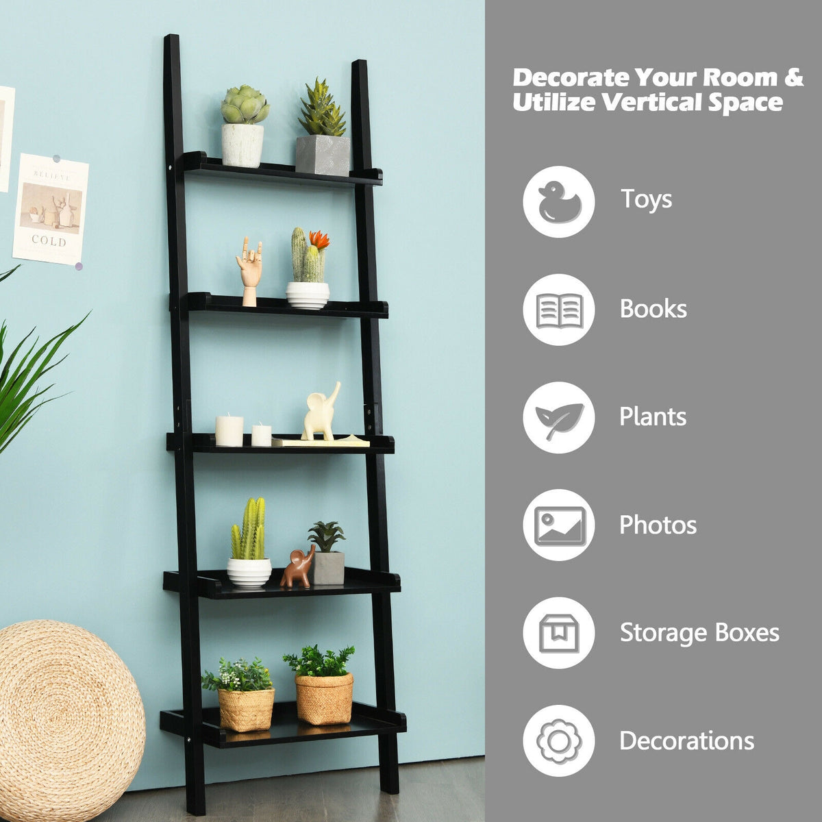 5-Tier Ladder Shelf with Open Shelves for Living Room Home Office