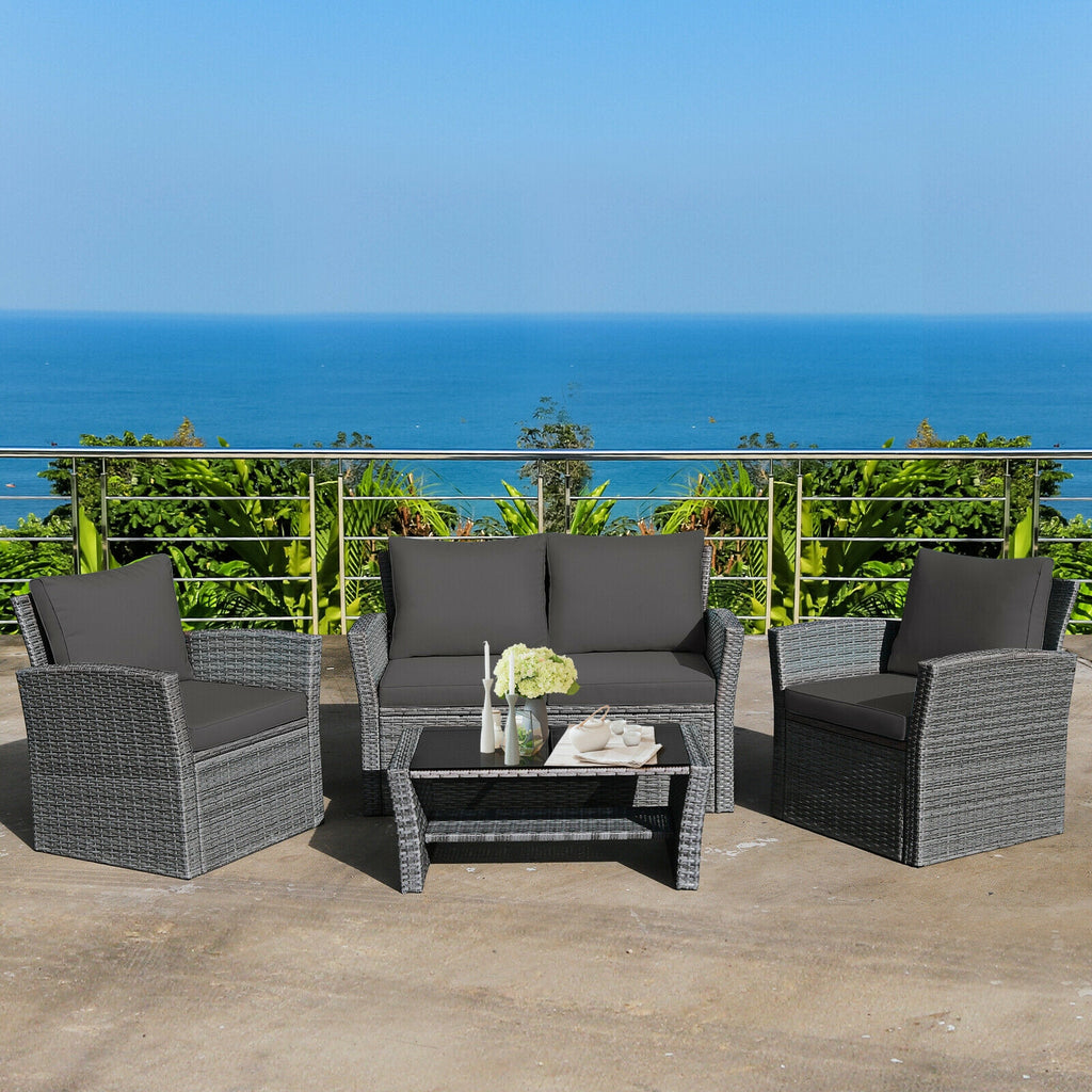 4-Piece Patio Rattan Furniture Set with Sofa & Coffee Table – Gray