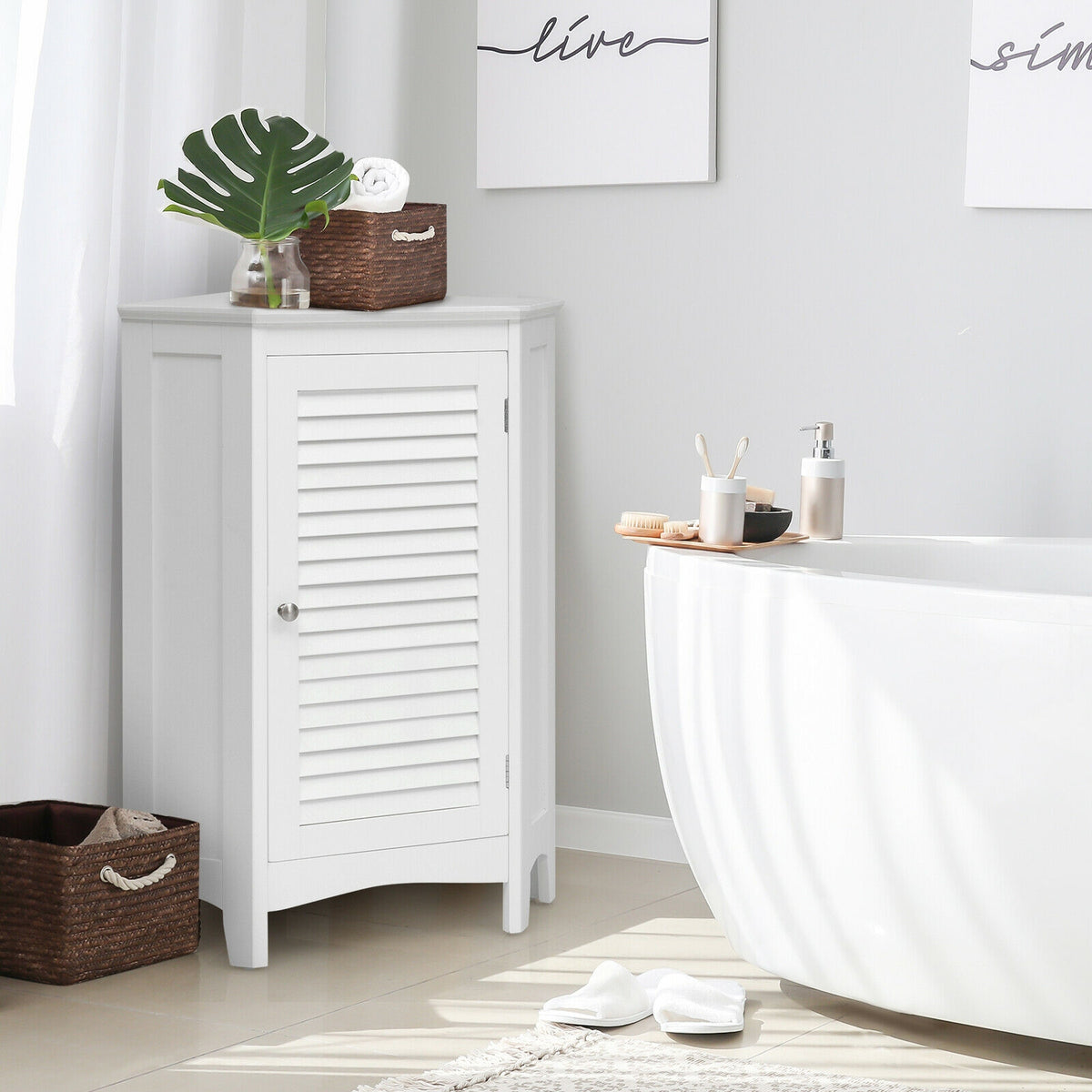 Corner Storage Cabinet with Shutter Door - White