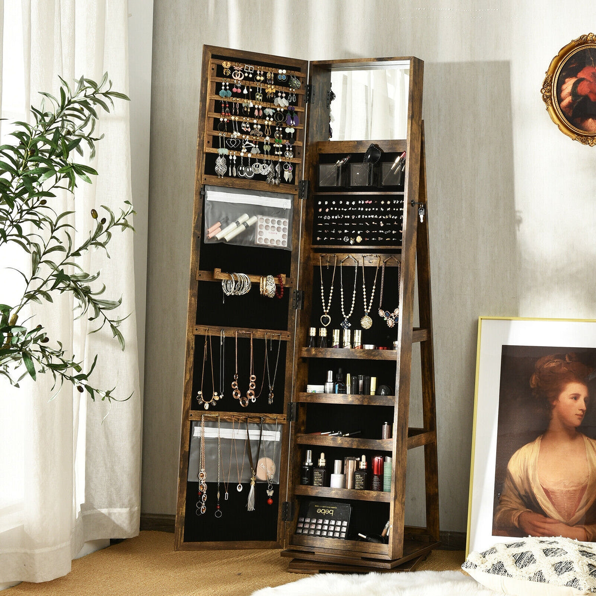360° Rotating Jewelry Cabinet with Mirror, Rustic Brown - 3 Shelves