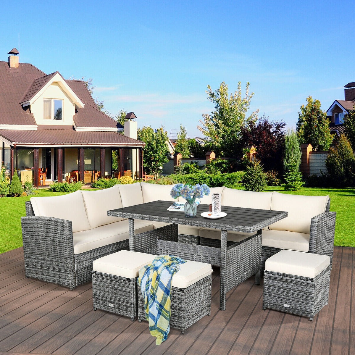 7-Piece Outdoor Wicker Sectional Sofa Set with Dining Table - Beige