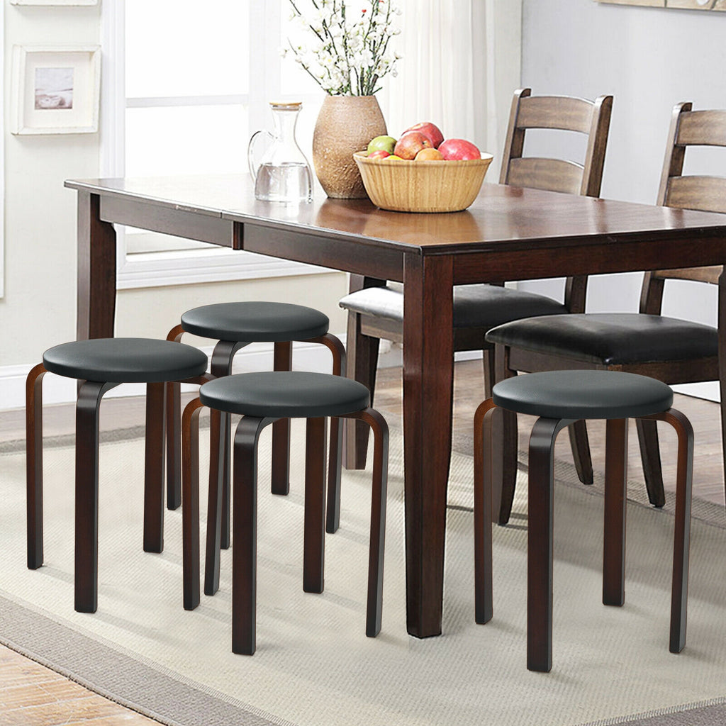 Bentwood Stack Stools with PU Leather Seat, Black – 4-Pack