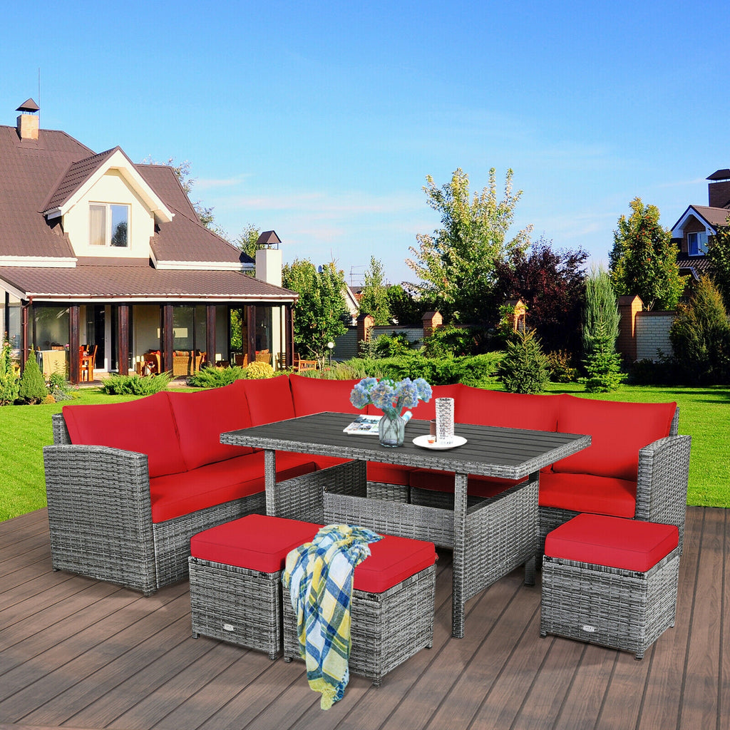 7-Piece Outdoor Wicker Sectional Sofa Set with Dining Table - Navy