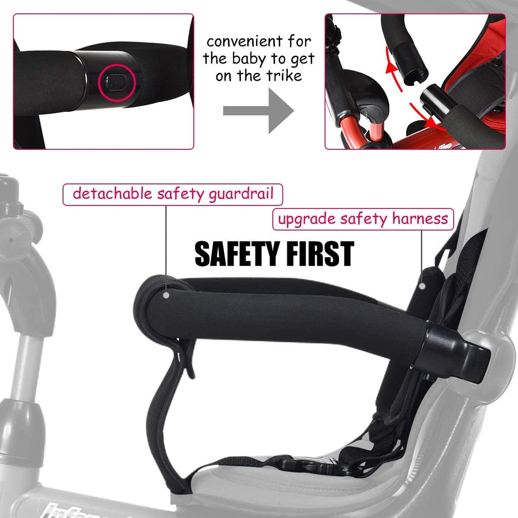 Kids Tricycle with Adjustable Push Handle - Red Safety & Comfort Features