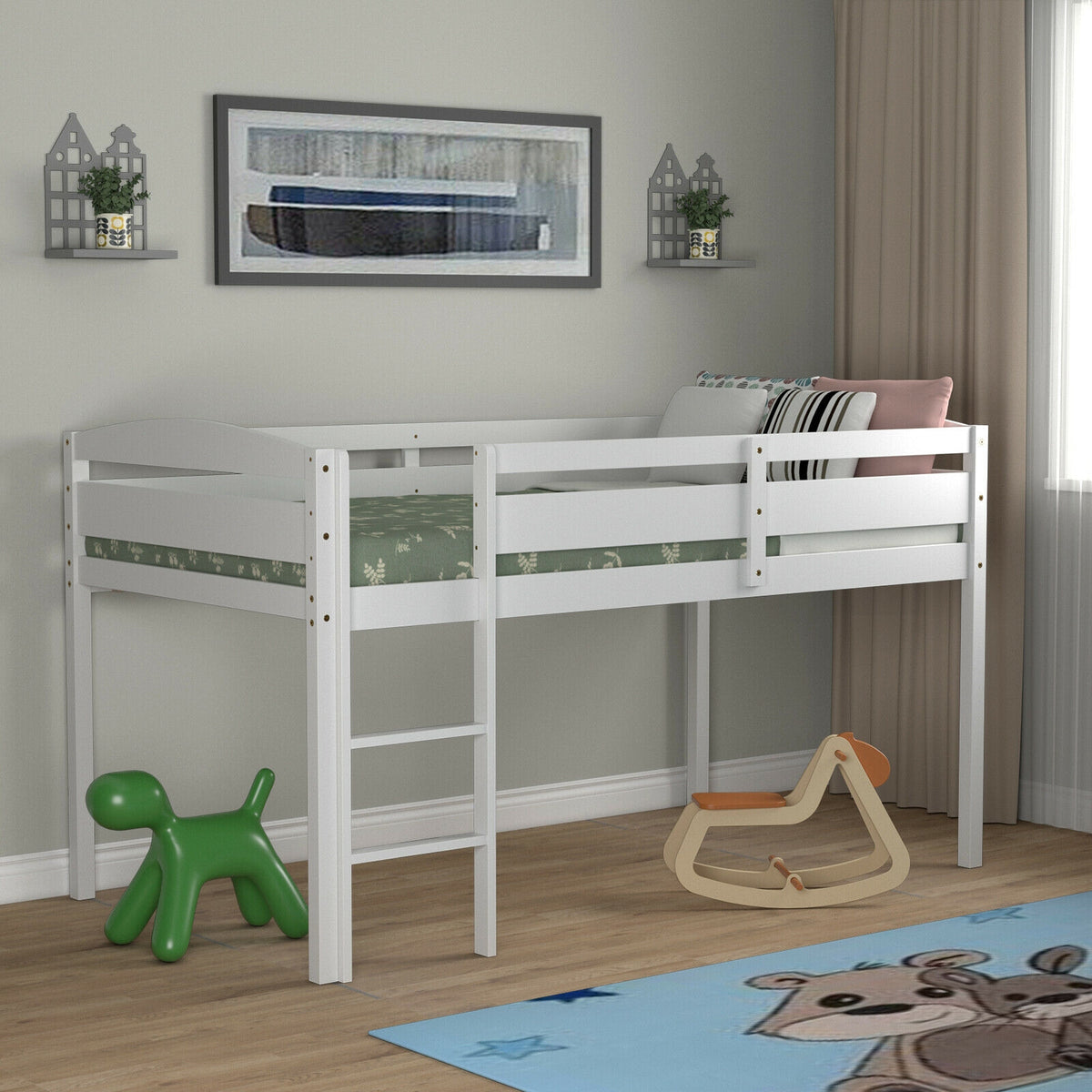 Twin Loft Bed with Guardrail and Ladder, White