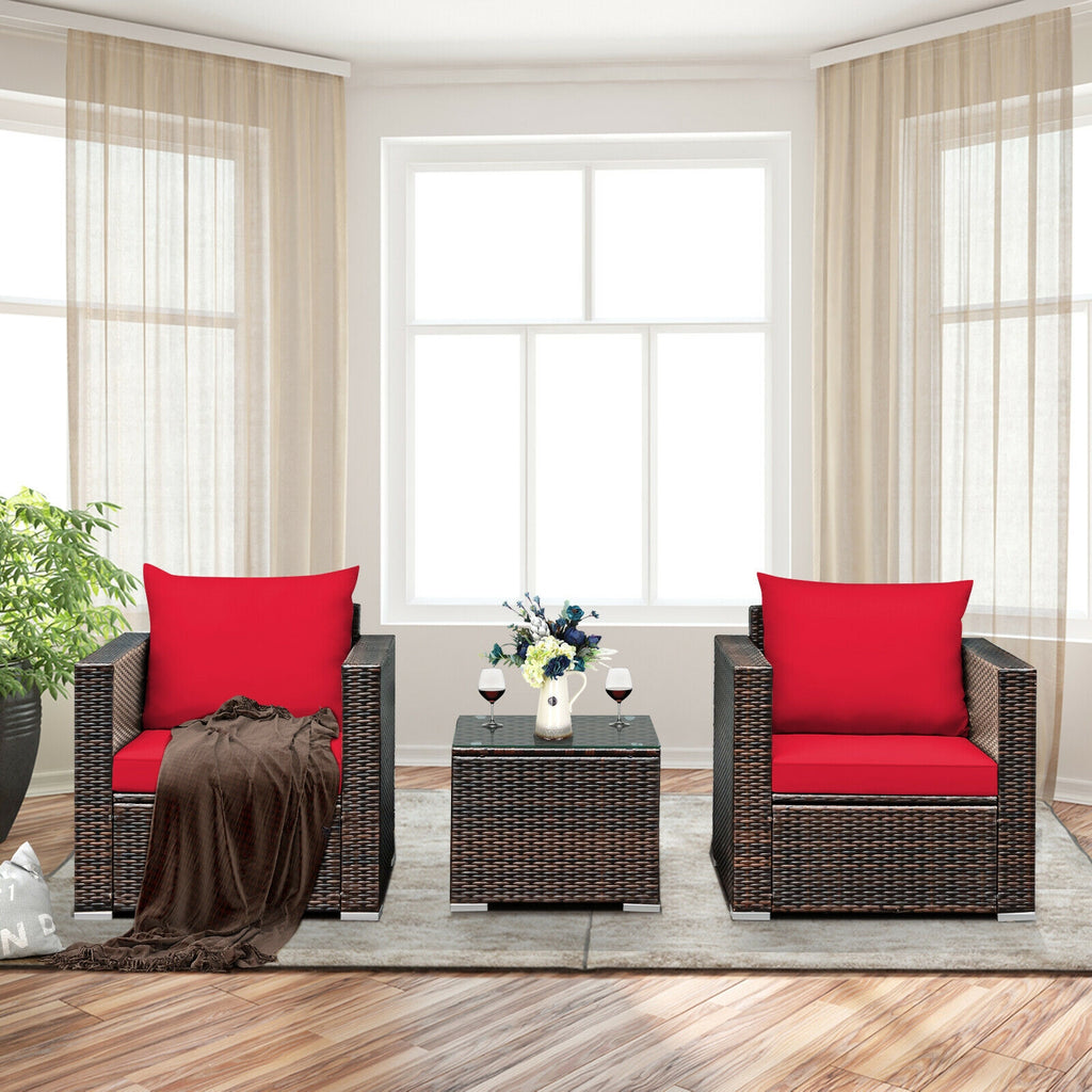 3-Piece Rattan Patio Sofa Set with Cushions - Red
