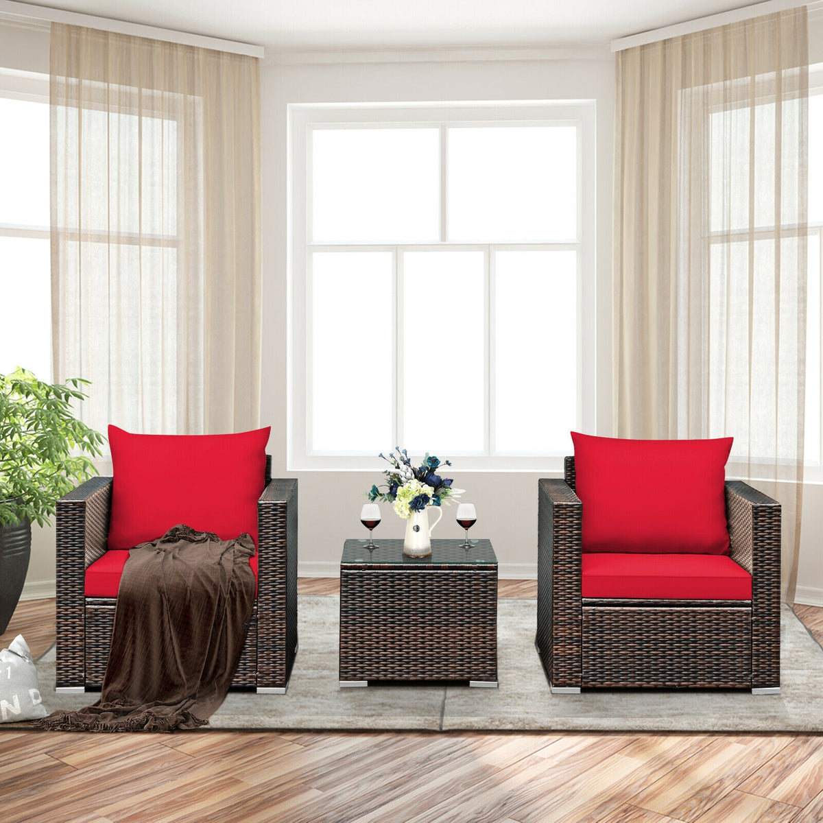 3 Pieces Patio Conversation Rattan Furniture Set with Cushion