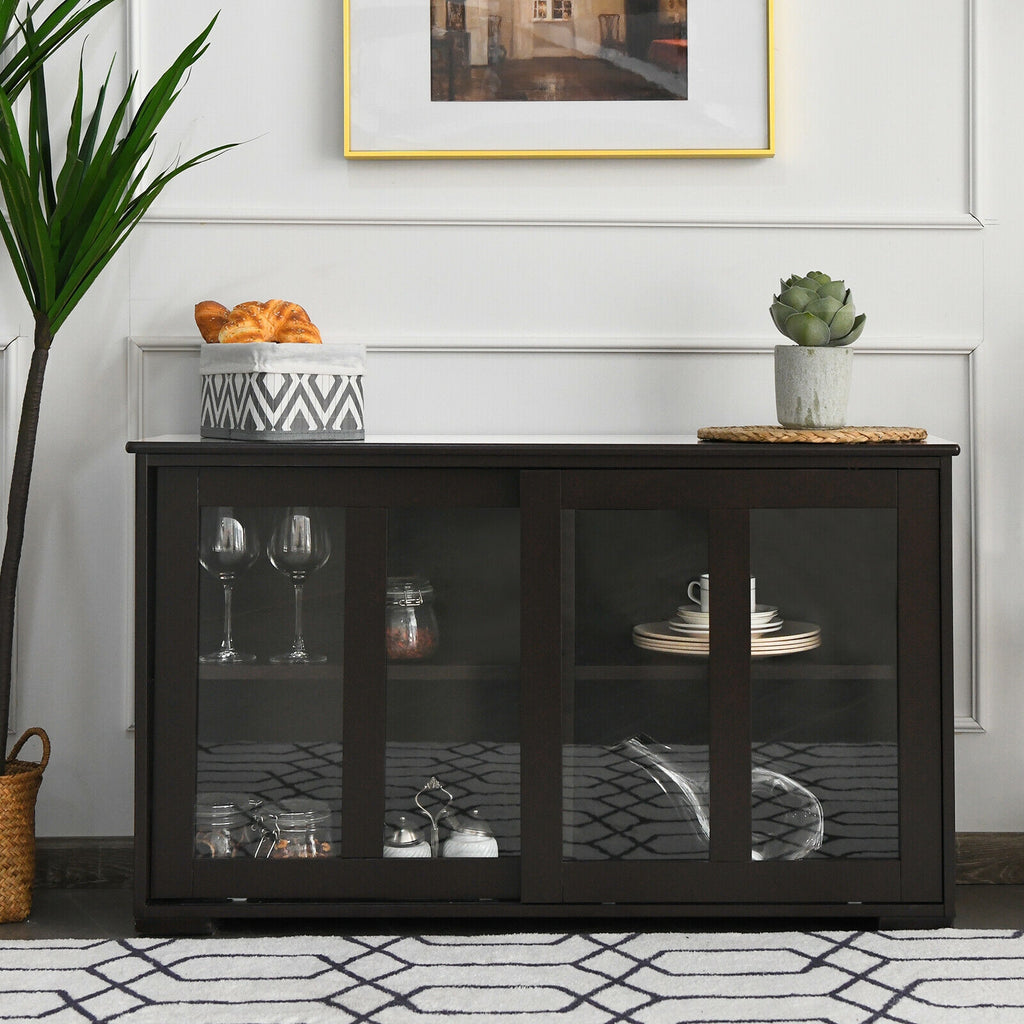 Sideboard Buffet Storage Cabinet Sliding Glass Door - Brown