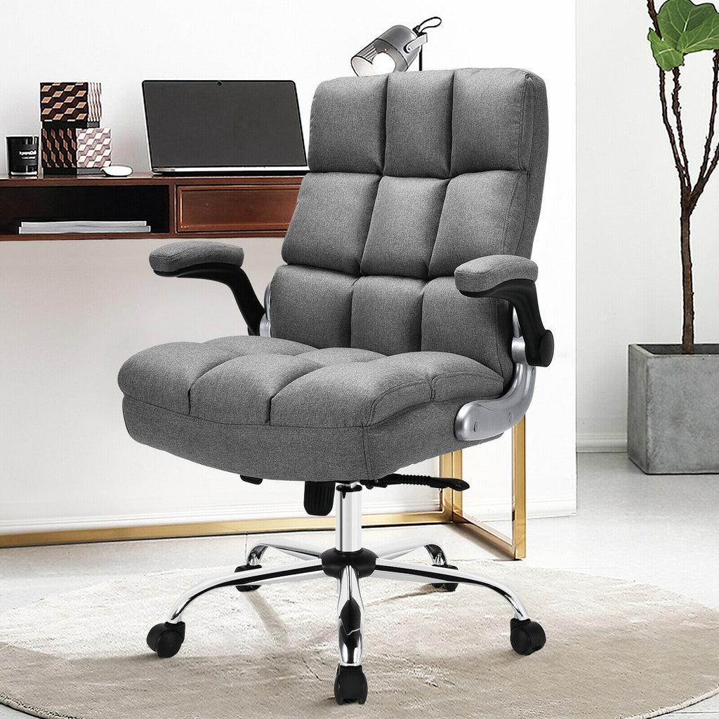 High Back Office Chair with Flip-up Armrests - Gray Linen