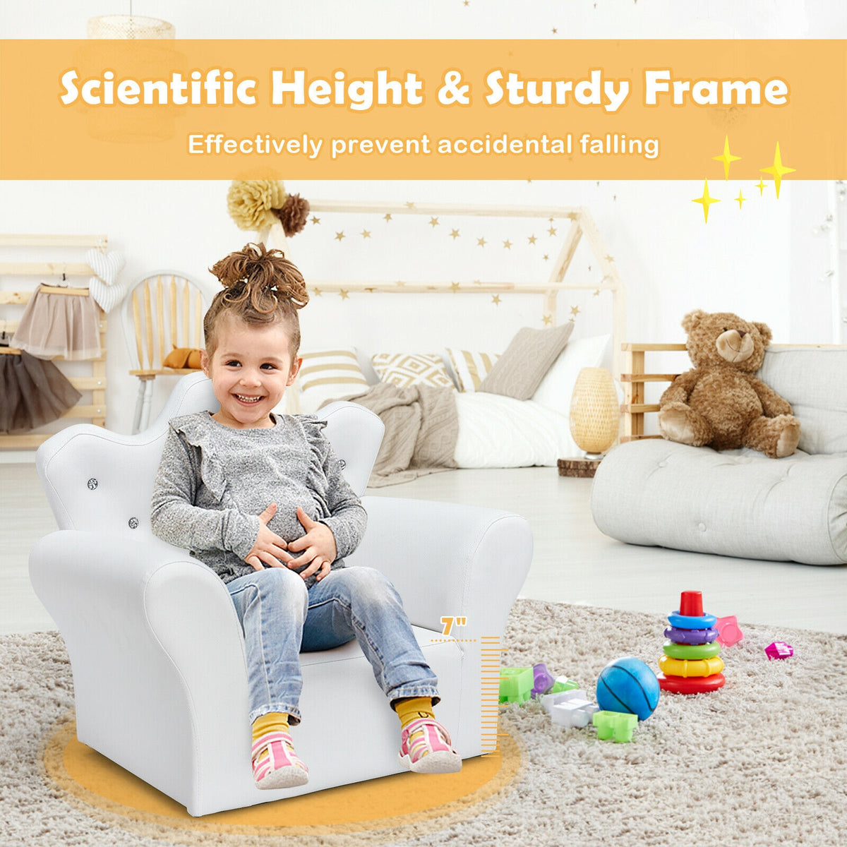 Children Upholstered Princess Sofa with Ottoman - White, Safe & Comfortable