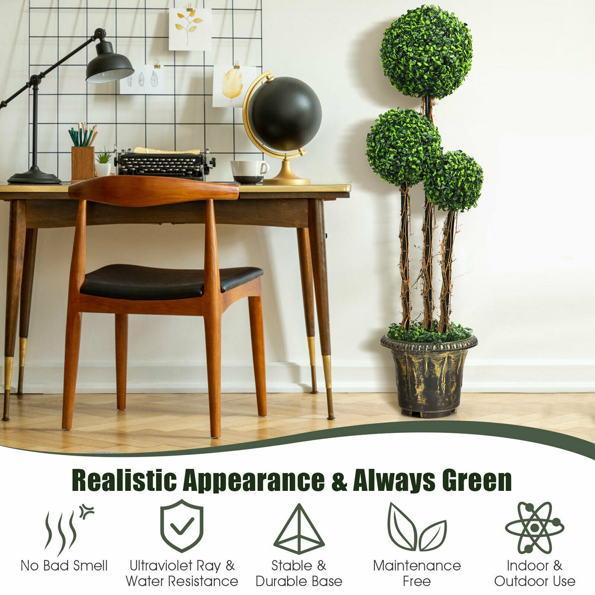 4 Feet Artificial UV-Resistant Topiary Triple Ball Tree Plant - Costway