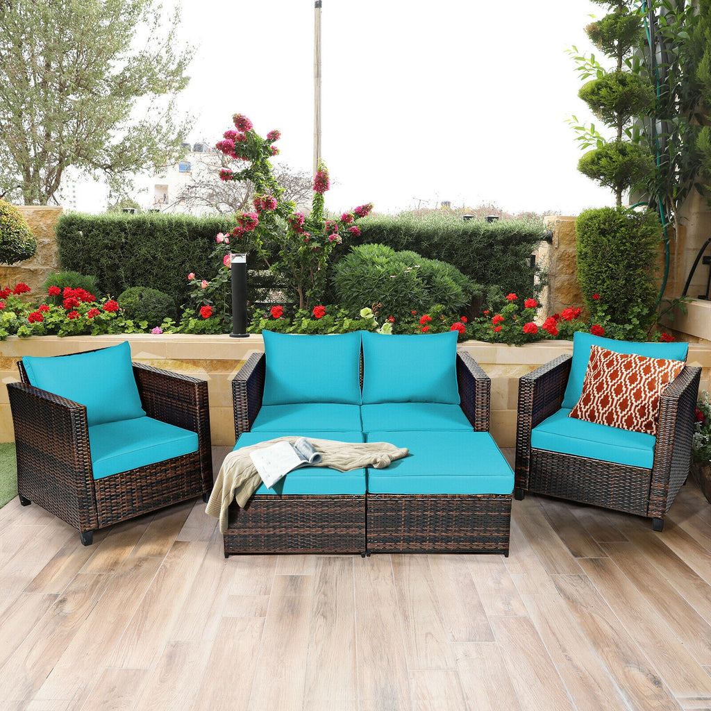 5-Piece Patio Rattan Furniture Set with Cushions - Turquoise