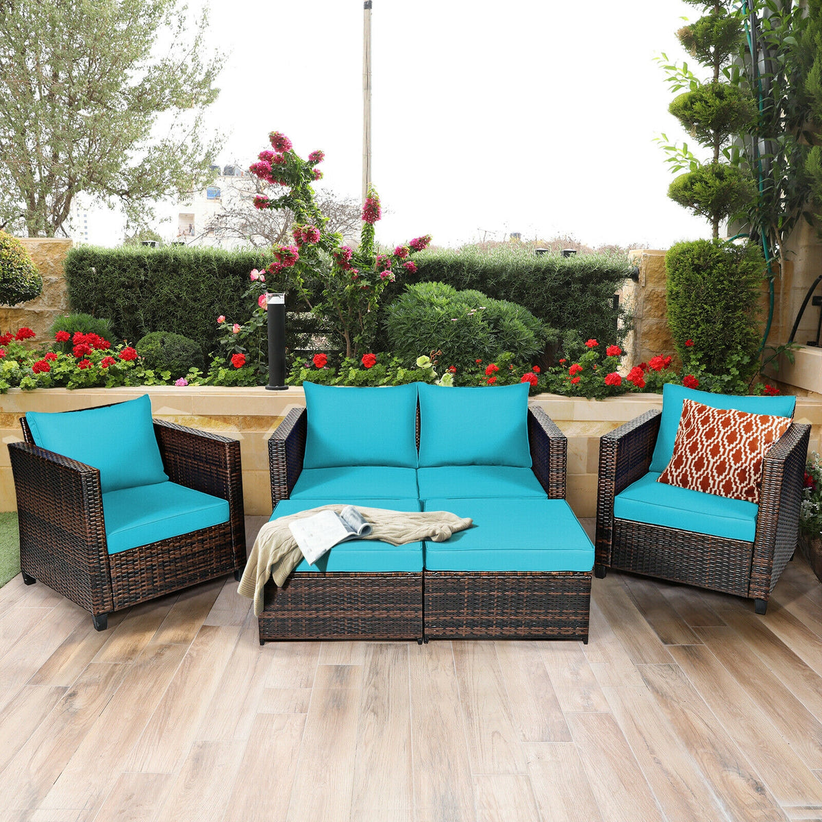 5-Piece Patio Rattan Furniture Set with Cushions - Turquoise