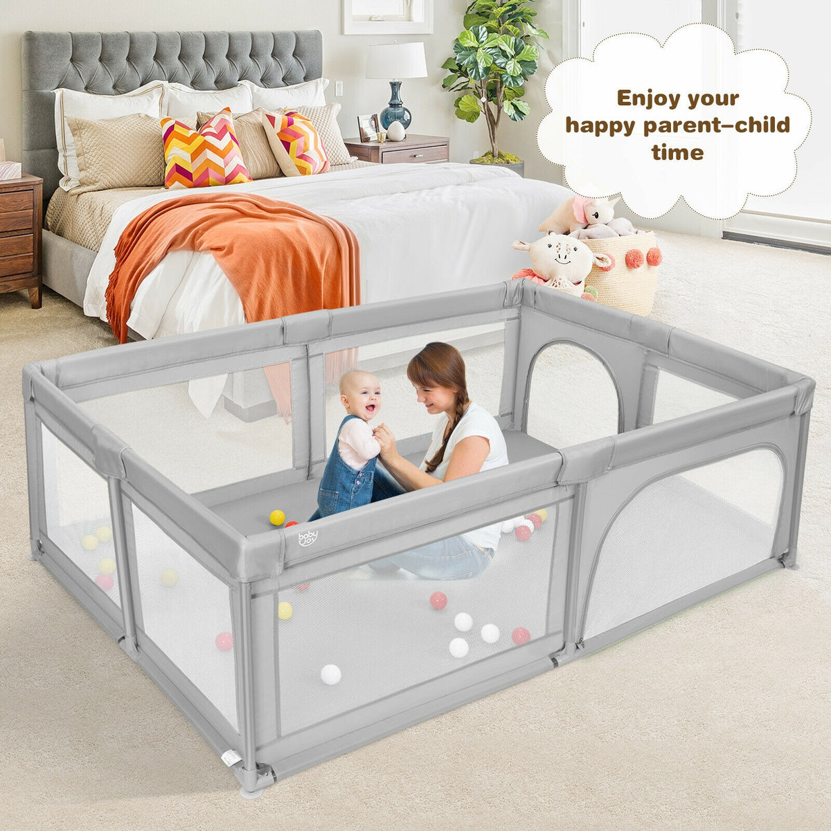 Gray 81 x 58 Inch Baby Playpen with 50 Ocean Balls & Zipper Doors - Safety & Kids Activity