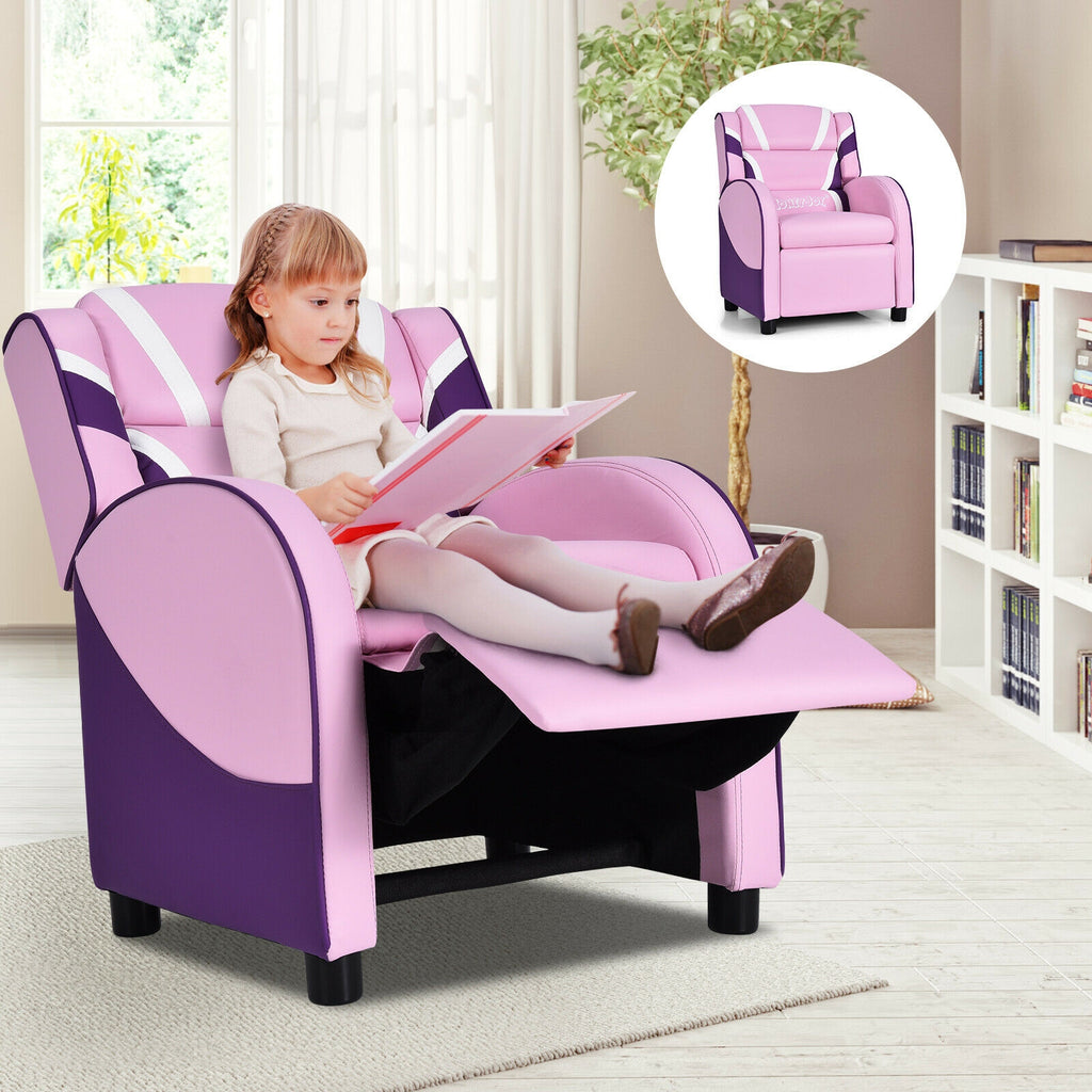 Kids Leather Recliner Chair with Side Pockets - Pink, Style B, Adjustable