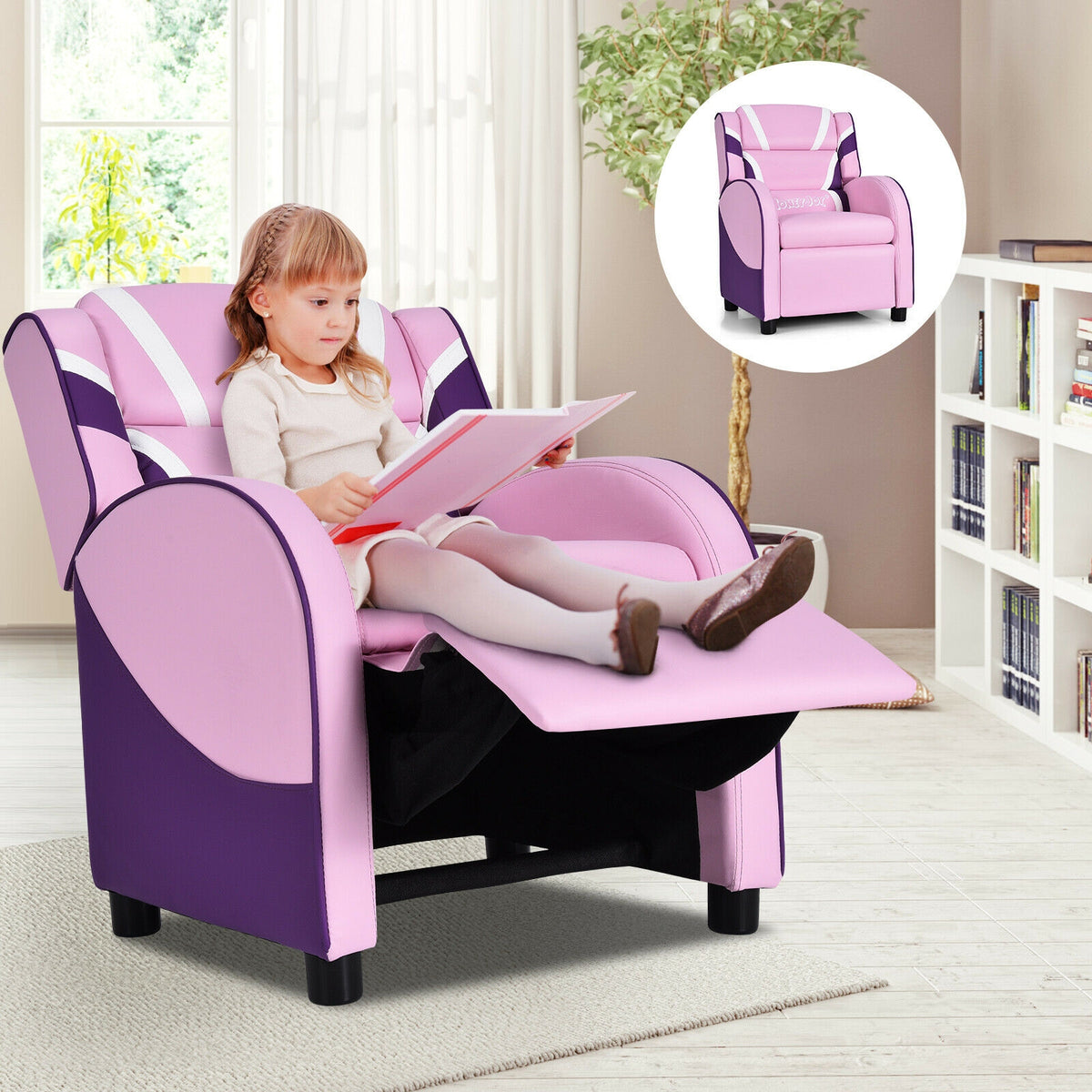 Kids Leather Recliner Chair with Side Pockets - Pink, Style B, Adjustable